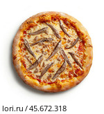 Delicious round pizza with sprats and melted cheese on white background. Стоковое AI-изображение, AI-художник Иван Рябоконь / Фотобанк Лори