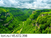 Scenic view of a deep green canyon with rocky walls in a mountainous area in cloudy weather. Стоковое фото, фотограф Константин Лабунский / Фотобанк Лори