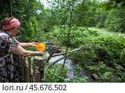 Женщина со святой водой из Святого колодца великомученика Георгия Победоносца. Деревня Соловарка. Сиземское сельское поселение. Шекснинский район. Вологодская область (2024 год). Стоковое фото, фотограф Сергей Афанасьев / Фотобанк Лори