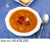 Portion of sopa de lentejas, Spanish lentil soup. Стоковое фото, фотограф Яков Филимонов / Фотобанк Лори