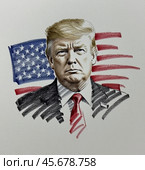 Портрет Дональда Трампа президента Соединенных Штатов Америки. Эскиз. Набросок. Иллюстрация. Portrait of Donald Trump, President of the United States of America. Sketch. Illustration. Редакционное AI-изображение, AI-художник Гер Олег / Фотобанк Лори