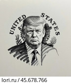 Портрет Дональда Трампа президента Соединенных Штатов Америки. Эскиз. Набросок. Иллюстрация. Portrait of Donald Trump, President of the United States of America. Sketch. Illustration. Редакционное AI-изображение, AI-художник Гер Олег / Фотобанк Лори