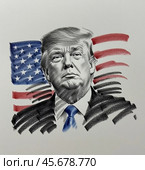 Портрет Дональда Трампа президента Соединенных Штатов Америки. Эскиз. Набросок. Иллюстрация. Portrait of Donald Trump, President of the United States of America. Sketch. Illustration. Редакционное AI-изображение, AI-художник Гер Олег / Фотобанк Лори