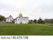 Благовещенский храм с золотыми куполами на одной из центральных площадей Витебска на фоне серого неба. Рядом расположены колокольня и другие здания, передающие историческую атмосферу древнего города. Редакционное фото, фотограф Сергей Никифоров-Гордеев / Фотобанк Лори