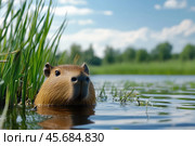 Capybara (Hydrochoerus hydrochaeris) in natural habitat. Стоковое AI-изображение, AI-художник Евгений Харитонов / Фотобанк Лори