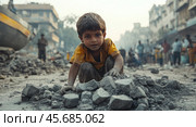 A little boy is looking directly into the camera, working on collecting stones, and his friends are working in the background. The concept of child labor. Стоковое AI-изображение, AI-художник Ярославский Максим / Фотобанк Лори