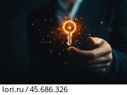 Светящийся ключ парит над рукой. Стоковое AI-изображение, AI-художник Александр Жуков / Фотобанк Лори