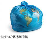 A shocking visualization of an environmental problem. The globe wrapped in a plastic bag is a powerful reminder of the consequences of thoughtless consumption. ombat pollution. Стоковое AI-изображение, AI-художник Ярославский Максим / Фотобанк Лори