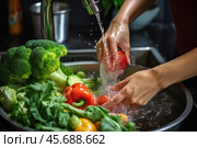 Chef washing fresh vegetables in restaurant kitchen sink. Стоковое AI-изображение, AI-художник Иван Рябоконь / Фотобанк Лори