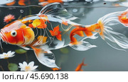 A gold and orange fish swimming in a tank with leaves and flowers. Стоковое AI-видео, аниматор Виктория Кольцова / Фотобанк Лори