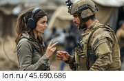 Female journalist interviewing soldier in war zone. Стоковое AI-изображение, AI-художник Юрий Поздников / Фотобанк Лори