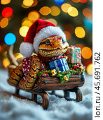 Green snake, symbol of 2025 according to the Eastern calendar, in a red New Year's cap. The snake symbolizes wisdom, vitality, immortality and healing powers. Festive New Year's atmosphere. Стоковое AI-изображение, AI-художник Сергей Елизарьев / Фотобанк Лори