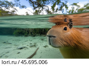 Capybara (Hydrochoerus hydrochaeris) swimming underwater. Стоковое AI-изображение, AI-художник Евгений Харитонов / Фотобанк Лори