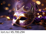 Elegant venetian carnival mask glimmering under festive lights. Стоковое AI-изображение, AI-художник Иван Рябоконь / Фотобанк Лори