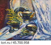 Still life with cobalt tea set. Oil painting on canvas by artist Inna Prityazhnyuk. Стоковая иллюстрация, иллюстратор Сергей Пристяжнюк (Serg Zastavkin) / Фотобанк Лори