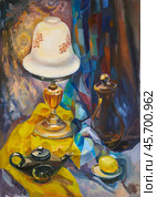Still life with table lamp. Oil painting on canvas by artist Inna Prityazhnyuk. Стоковая иллюстрация, иллюстратор Сергей Пристяжнюк (Serg Zastavkin) / Фотобанк Лори