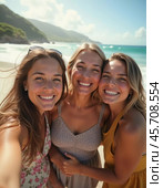 A group of friends smiles and laughs as they soak up the sun by the ocean, creating unforgettable memories during their summer travel adventure. Generative AI. Стоковое AI-изображение, AI-художник Юлия Петровская / Фотобанк Лори