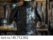 Black metal breastplate with pauldrons on mannequin in medieval workshop. Стоковое AI-изображение, AI-художник Иван Рябоконь / Фотобанк Лори