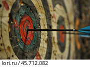 Arrow hitting the center of an archery target. Стоковое AI-изображение, AI-художник Иван Рябоконь / Фотобанк Лори