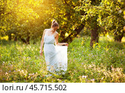 Young woman in evening apple orchard. Стоковое фото, фотограф Дмитрий Киселёв / Фотобанк Лори
