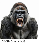 Silverback gorilla showing teeth while screaming. Стоковое AI-изображение, AI-художник Иван Рябоконь / Фотобанк Лори