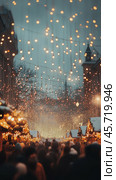 Blurred winter festival crowd enjoying festive lights and decorations in a bustling market atmosphere. Стоковое AI-изображение, AI-художник Ксения Лаптева / Фотобанк Лори