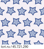 Seamless pattern of blue stars with a winter pattern on a light background. Stars with a frosty pattern of squiggles. Стоковая иллюстрация, иллюстратор Алёна Остроухова / Фотобанк Лори