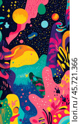 Colorful abstract art depicting a vibrant cosmic landscape with bright colors and imaginative forms. Стоковое AI-изображение, AI-художник Сергей Толмачёв / Фотобанк Лори