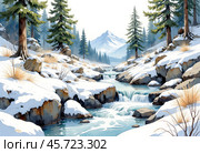 Ручей в лесу. Акварель. Иллюстрация. Stream in the forest. Watercolor. Illustration. Стоковое AI-изображение, AI-художник Гер Олег / Фотобанк Лори