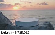 Podium. White Round marble podium against calm ocean sunset. Empty mockup circle concrete pedestal on sea. Natures beauty. Minimal stage. Cosmetic product Showcase display case. Front view. Mock up ad. Стоковое AI-видео, аниматор Марина Демидюк / Фотобанк Лори