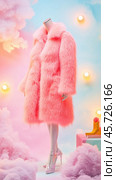 Pink fur coat displayed on mannequin in dreamlike setting with clouds and lights. Стоковое AI-изображение, AI-художник Юрий Поздников / Фотобанк Лори