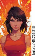 Tomb raider standing strong with fire background. Стоковое AI-изображение, AI-художник Юрий Поздников / Фотобанк Лори
