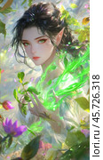 Beautiful elf woman conjuring green magic in a flowery garden. Стоковое AI-изображение, AI-художник Юрий Поздников / Фотобанк Лори