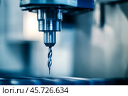Automated Programmed CNC vertical milling machine with face mill shell endmill tool in process over aluminum metal piece, Industrial Factory. CloseUp View. Operation. CNC milling tool cutting steel. Стоковое AI-изображение, AI-художник Марина Демидюк / Фотобанк Лори