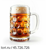 Large beer mug full of cold beer with foam on white background. Стоковое AI-изображение, AI-художник Иван Рябоконь / Фотобанк Лори