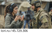 War correspondent interviewing soldier in war zone. Стоковое AI-видео, аниматор Юрий Поздников / Фотобанк Лори