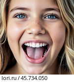Молодая девушка с открытым ртом.Портрет. Крупный план. Young girl with open mouth. Portrait. Close-up. Стоковое AI-изображение, AI-художник Гер Олег / Фотобанк Лори