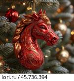 2026 is the year of the red fire Horse according to the eastern calendar. In Chinese tradition, fire is associated with life, vitality and light. New Year's tree toy. Стоковое AI-изображение, AI-художник Сергей Елизарьев / Фотобанк Лори