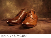 Elegant brown leather wingtip brogue shoes resting on soft surface. Стоковое AI-изображение, AI-художник Иван Рябоконь / Фотобанк Лори