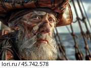 Old sea captain wearing tricorn hat sailing on ship at sea. Стоковое AI-изображение, AI-художник Иван Рябоконь / Фотобанк Лори