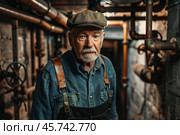 Senior technician inspecting plumbing system in basement. Стоковое AI-изображение, AI-художник Иван Рябоконь / Фотобанк Лори
