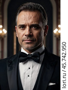 Portrait of handsome middle-aged man in black tuxedo and bow tie at luxury palace, strong looking at camera. Confident stylish businessman in tux. Fashionable festive image concept. Copy ad text space. Стоковое AI-изображение, AI-художник Aleksandr Golubev / Фотобанк Лори