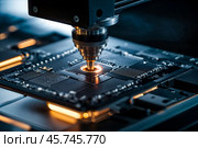 Close-up of silicon die being removed from wafer and attached to substrate with laser welding of semiconductors. Substrate using welds device. Electronic high-tech industry concept. Copy ad text space. Стоковое AI-изображение, AI-художник Aleksandr Golubev / Фотобанк Лори