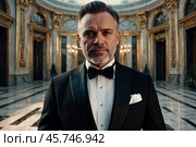 Portrait of handsome middle-aged man in black tuxedo and bow tie at luxury palace, strong looking at camera. Confident stylish businessman in tux. Fashionable festive image concept. Copy ad text space. Стоковое AI-изображение, AI-художник Aleksandr Golubev / Фотобанк Лори