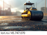 Autonomous roller compacting fresh asphalt on a construction site at sunset. Стоковое AI-изображение, AI-художник Иван Рябоконь / Фотобанк Лори