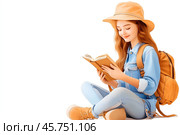 Девочка в шляпе и с рюкзаком сидит и читает книгу. Стоковое AI-изображение, AI-художник Щеголева Ольга / Фотобанк Лори