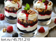 Fresh Berry Trifle in Glasses. Dessert with Raspberries and Whipped Cream. Layered Yogurt with Berry Fruits. Berry Pudding Glass Jars. Food Marketing, Recipe Design. Colorful Sweet Treat. Fruity Quark. Стоковое AI-изображение, AI-художник Марина Демидюк / Фотобанк Лори