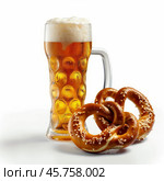 Refreshing german beer in a dimpled mug with a soft pretzel on white background. Стоковое AI-изображение, AI-художник Иван Рябоконь / Фотобанк Лори