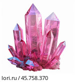 Pink crystals growing from a rock on white background. Стоковое AI-изображение, AI-художник Иван Рябоконь / Фотобанк Лори