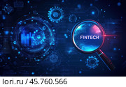 Слово "FINTECH" (Финтех) под увеличительным стеклом. Стоковое AI-изображение, AI-художник Александр Жуков / Фотобанк Лори